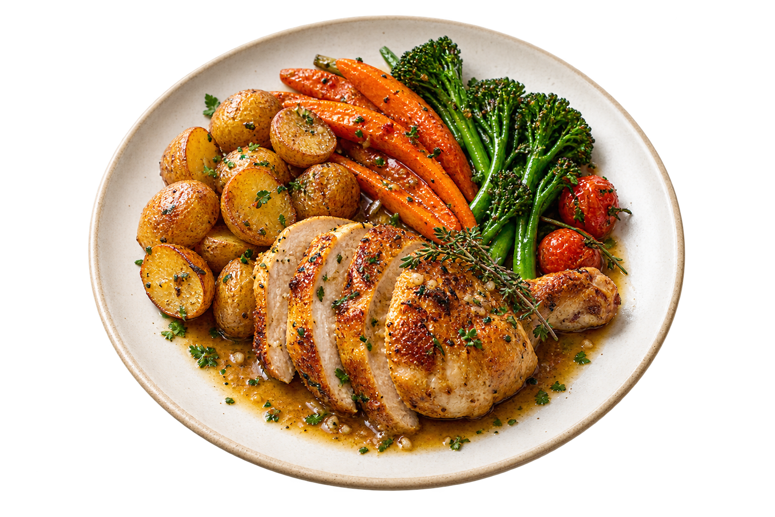 Poulet rôti, pommes de terre et légumes de saison